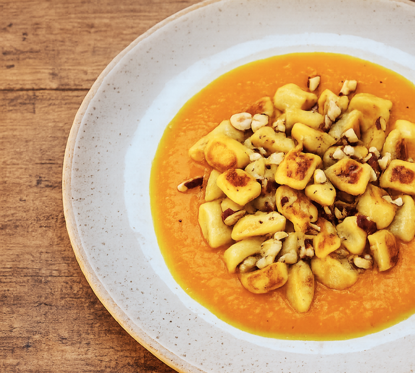 Gnocchi maison, crème de potimarron et parmesan, éclats de noisettes